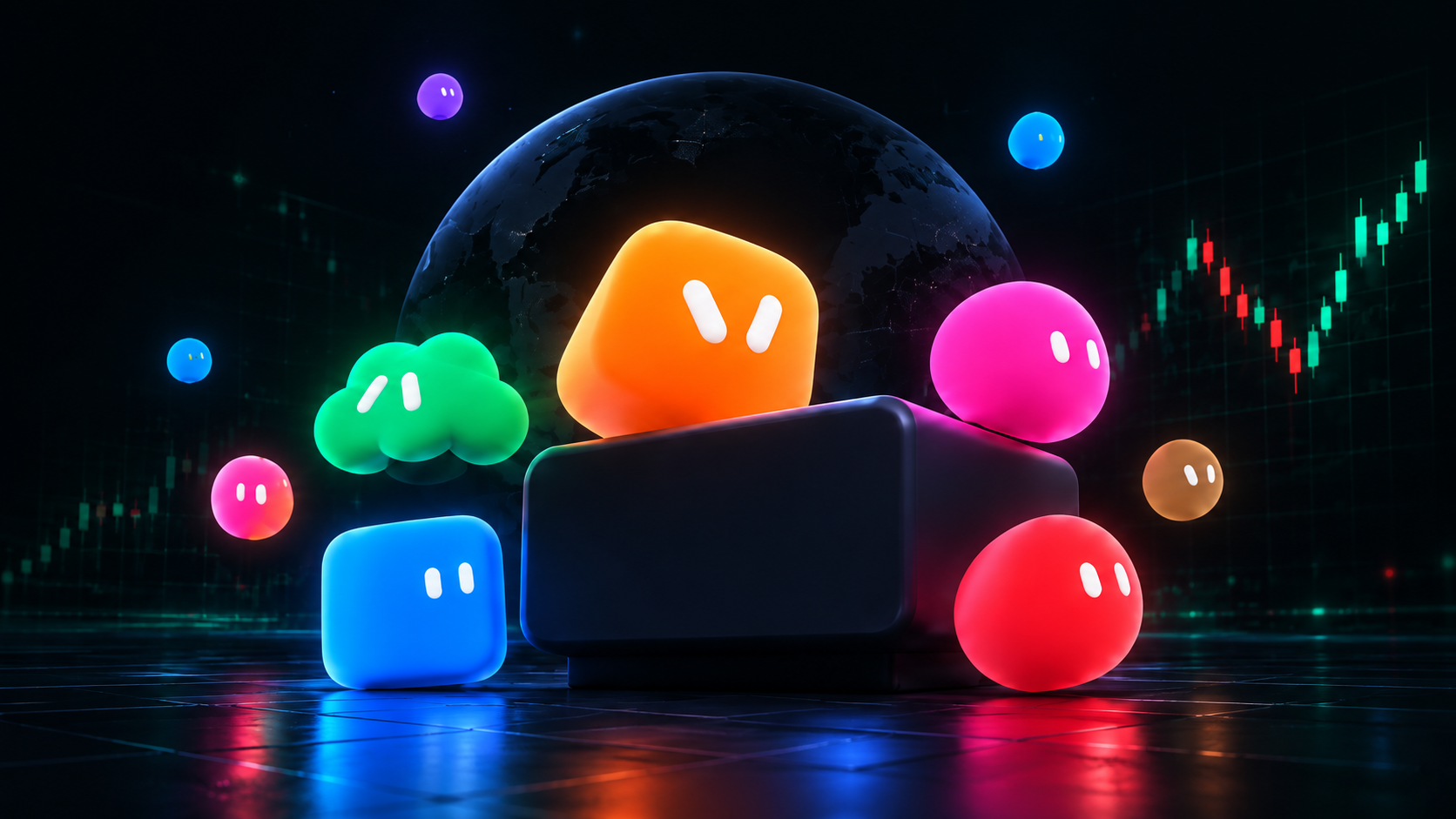 Colorful Grokbots gathered around a trading terminal